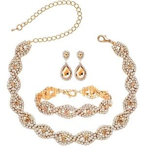 Golden Crystal Necklace Set CZ Cubic Rhinestone Necklace Bracelet Earrings Set